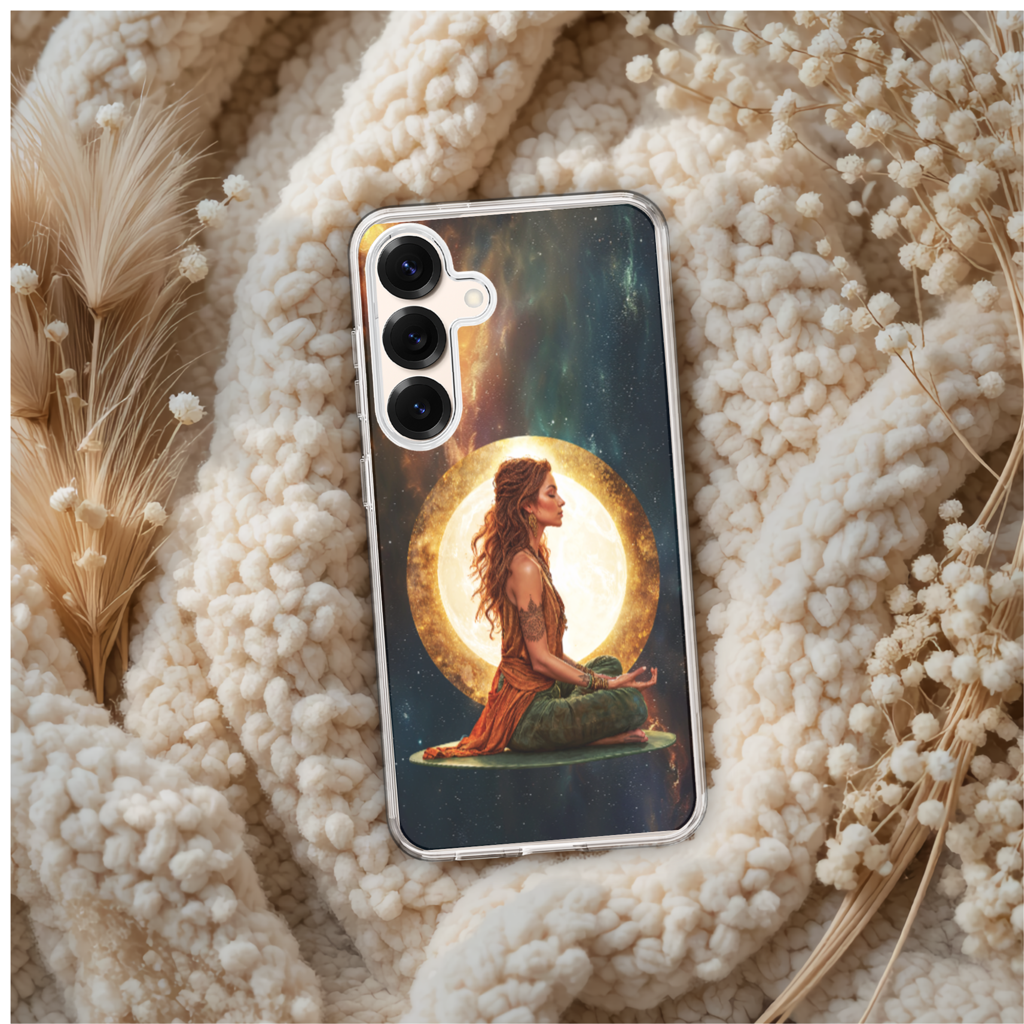 Cosmic Orange Lady Phone Case for Samsung Galaxy Series, Yoga Lotus Design TPU Cover