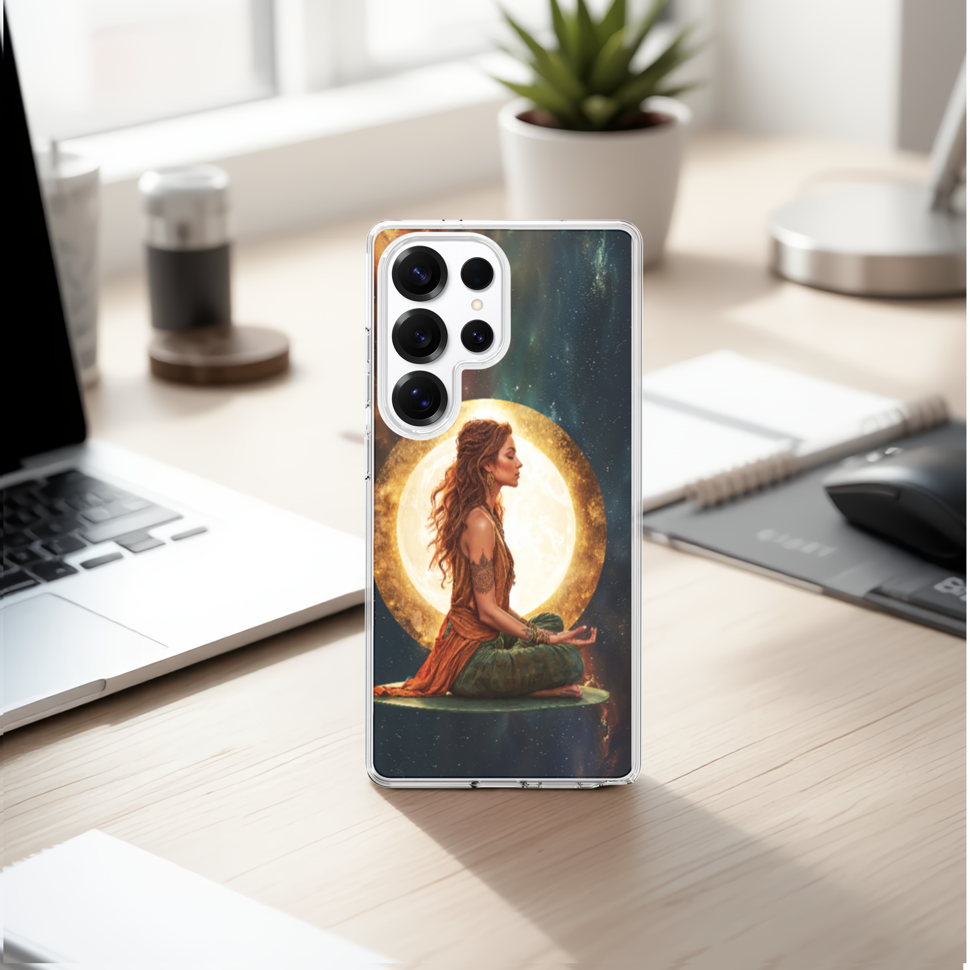 Cosmic Orange Lady Phone Case for Samsung Galaxy Series, Yoga Lotus Design TPU Cover
