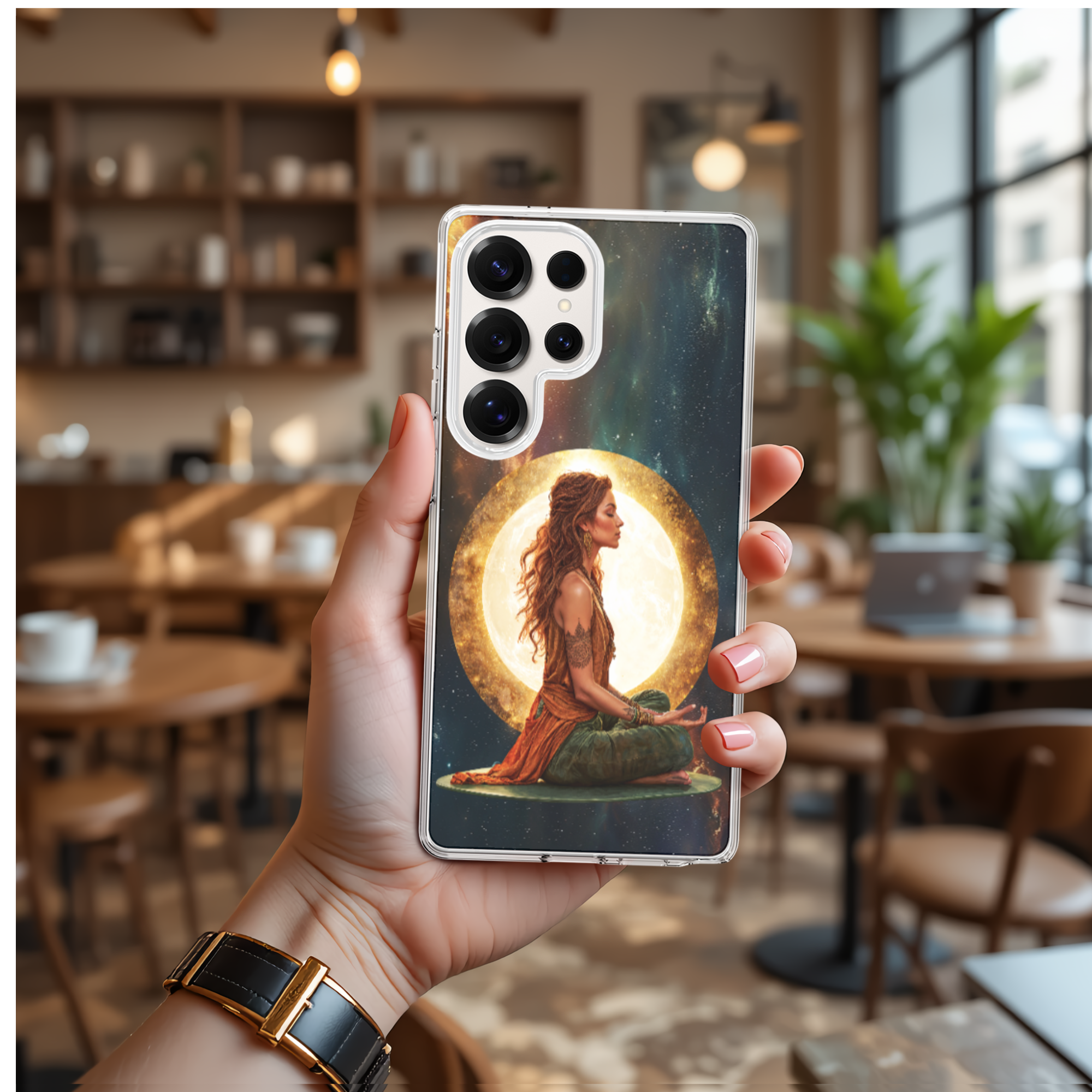 Cosmic Orange Lady Phone Case for Samsung Galaxy Series, Yoga Lotus Design TPU Cover